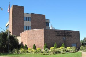 A building with bushes and flowers in front of it.